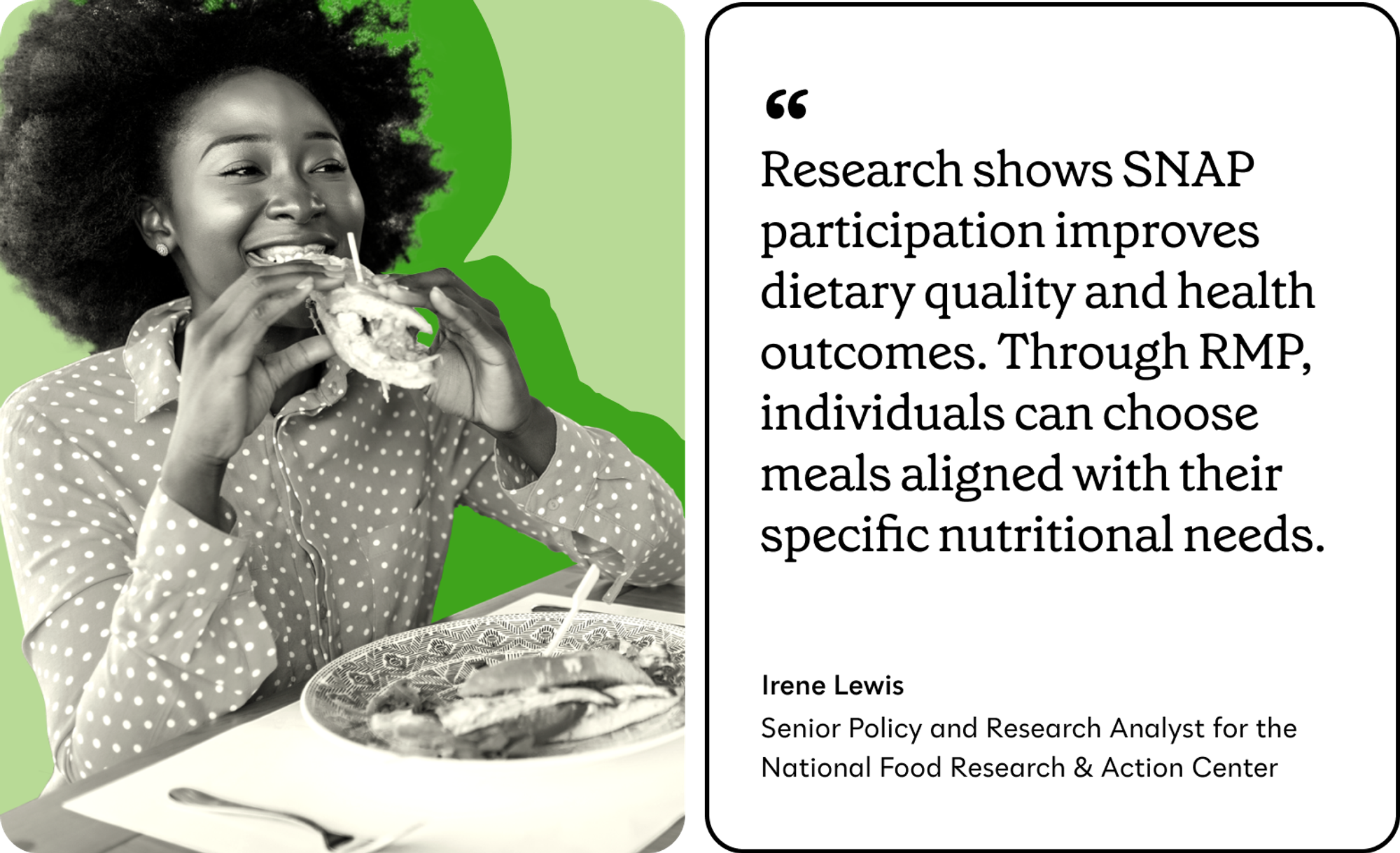 A woman eating a meal in a restaurant alongside a quote from Irene Lewis