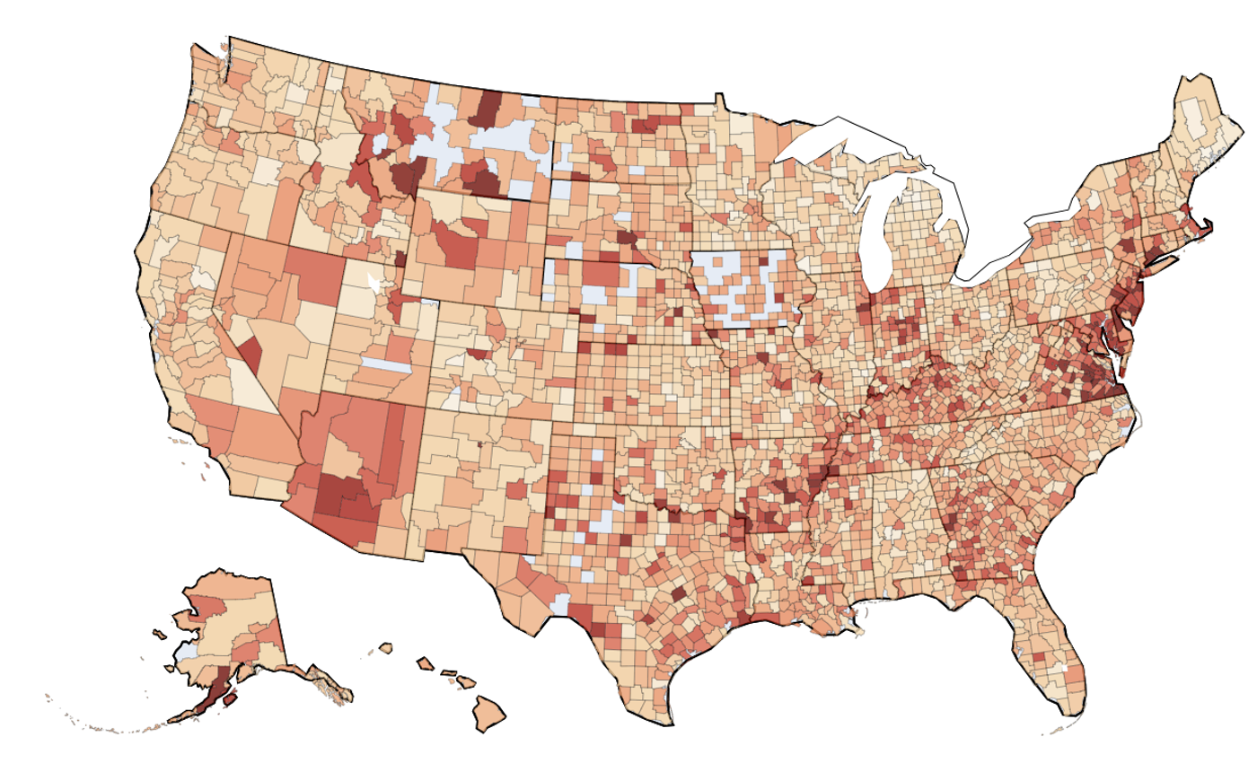 Fraction of transactions marked as unrecognized, by county (June 1–July 8, 2026)