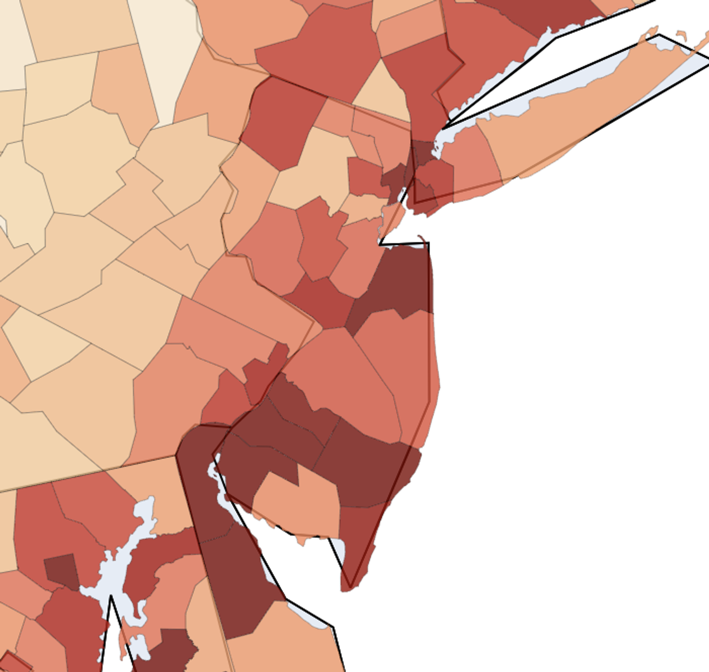 Choropleth map of New Jersey showing the unrecognized transaction rate in each county, July 1 to August 8, 2026.