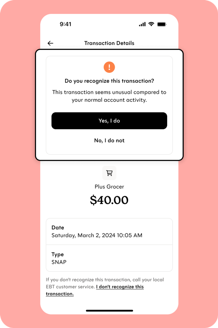 The Propel app showing an EBT transaction detail that has been flagged as suspicious
