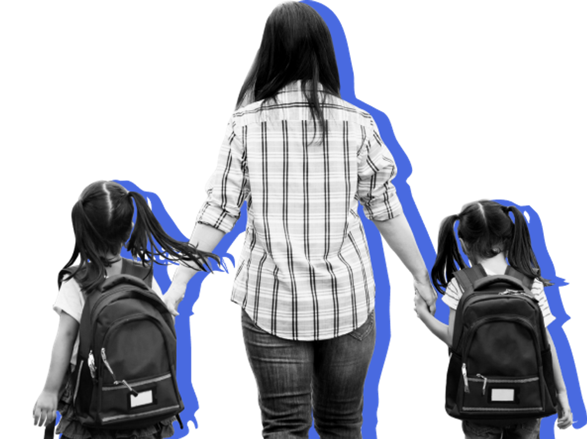 image showing the back of a mother walking with two small girls wearing backpacks