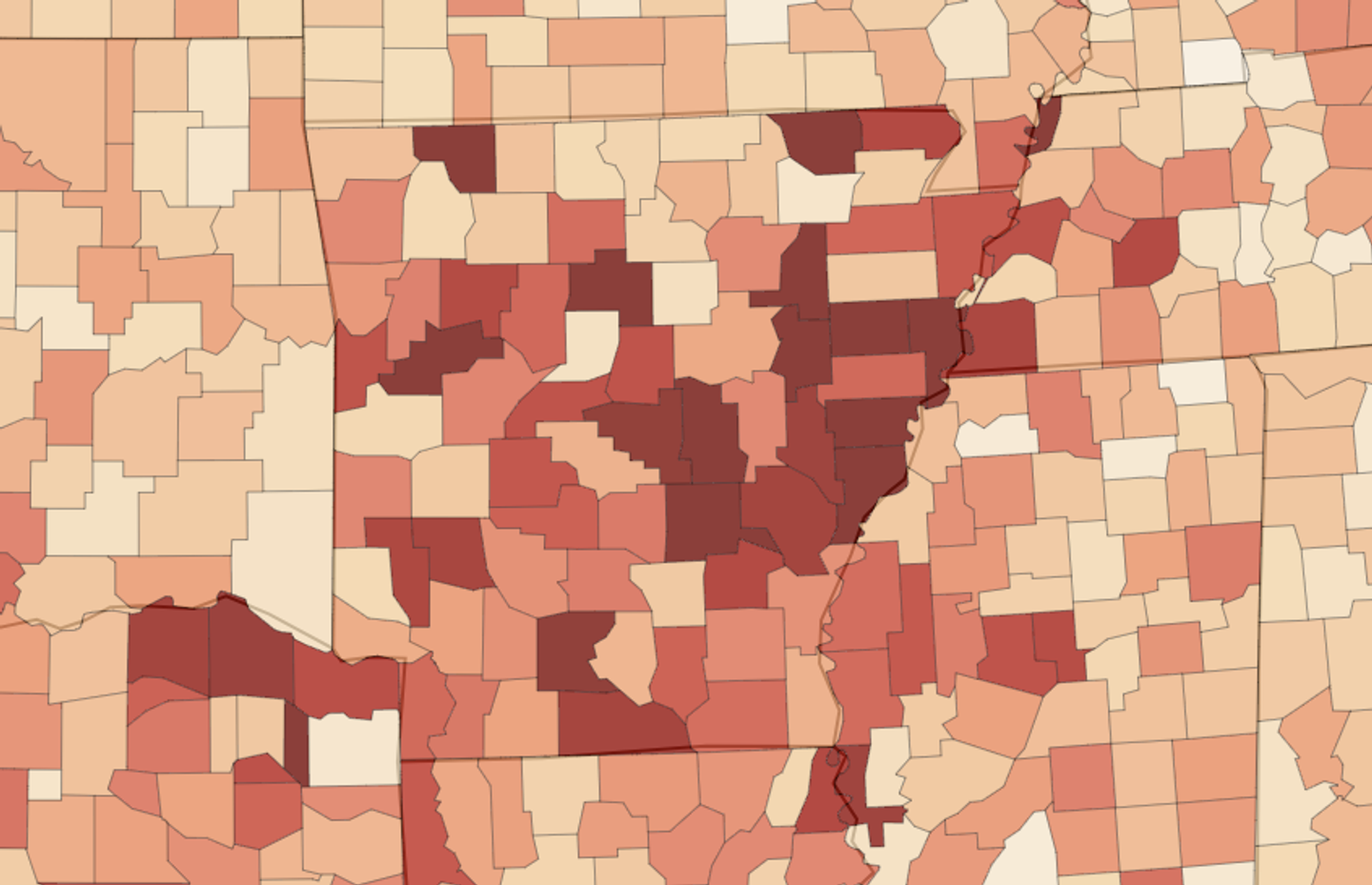 Choropleth map of Arkansas and its neighboring states showing the unrecognized transaction rate in each county, August 1 to September 8, 2026.
