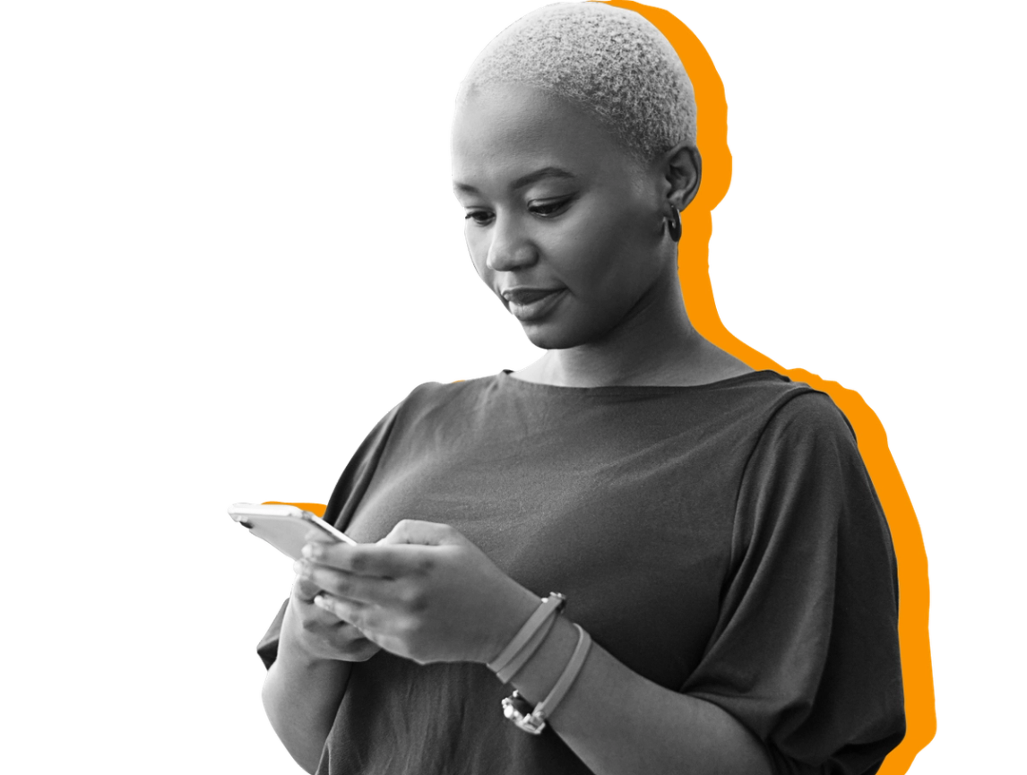 A woman with short hair looks for SNAP offices near her on her phone against a yellow background