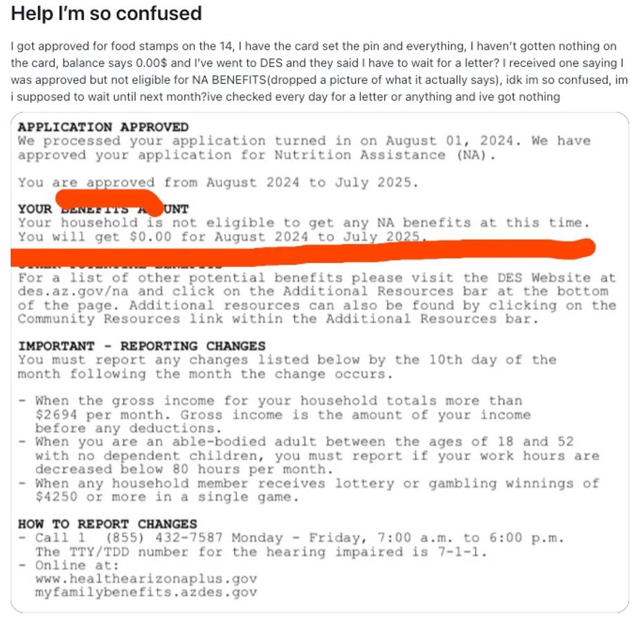 A reddit post saying Help I'm so confused with a notice of Application approved but $0 benefit amount