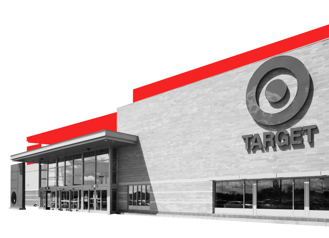 An image of the exterior of a Target store against a red background