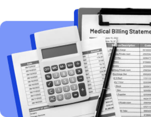 calculator and pen with medical bill paperwork