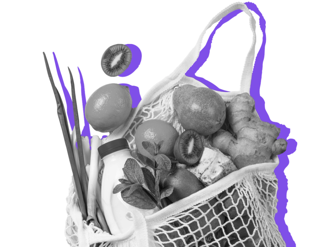 A bag of groceries, including fruits and vegetables, against a purple background
