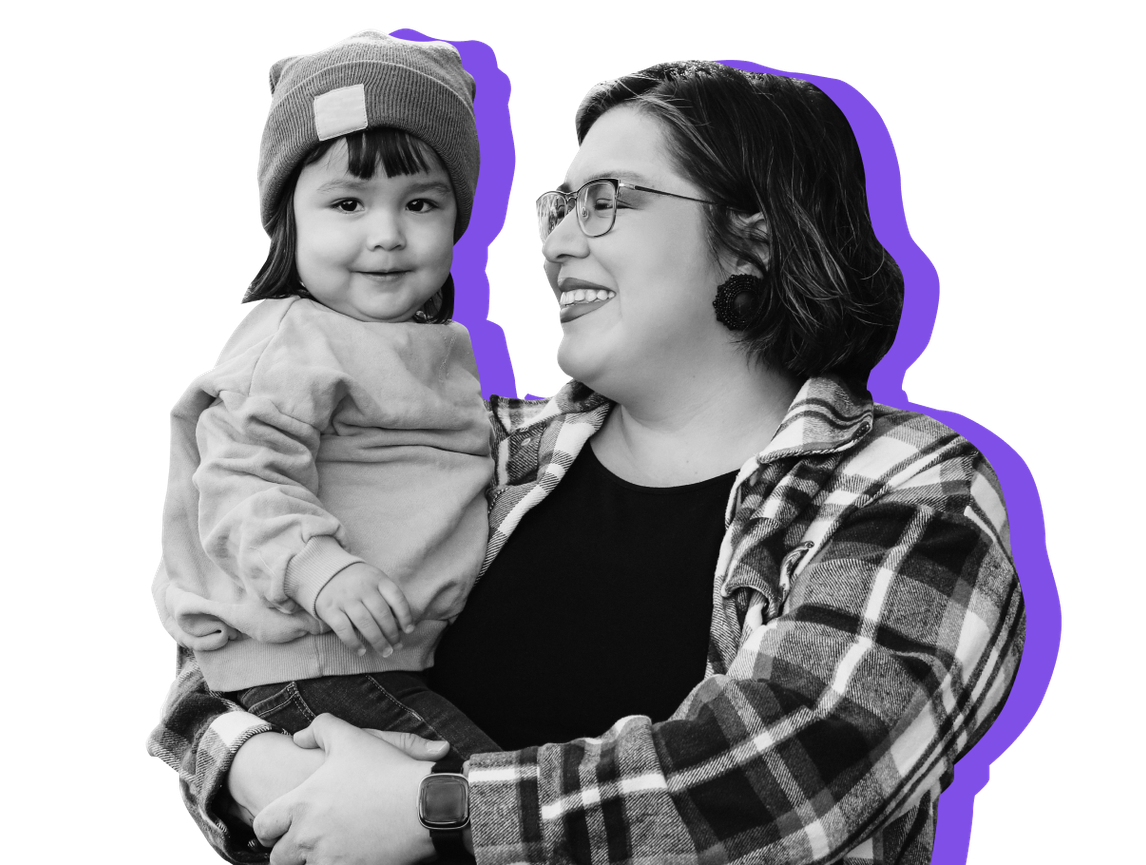 A mother holds her child on her hip against a purple background. Taking care of a child counts as work for Medicaid.