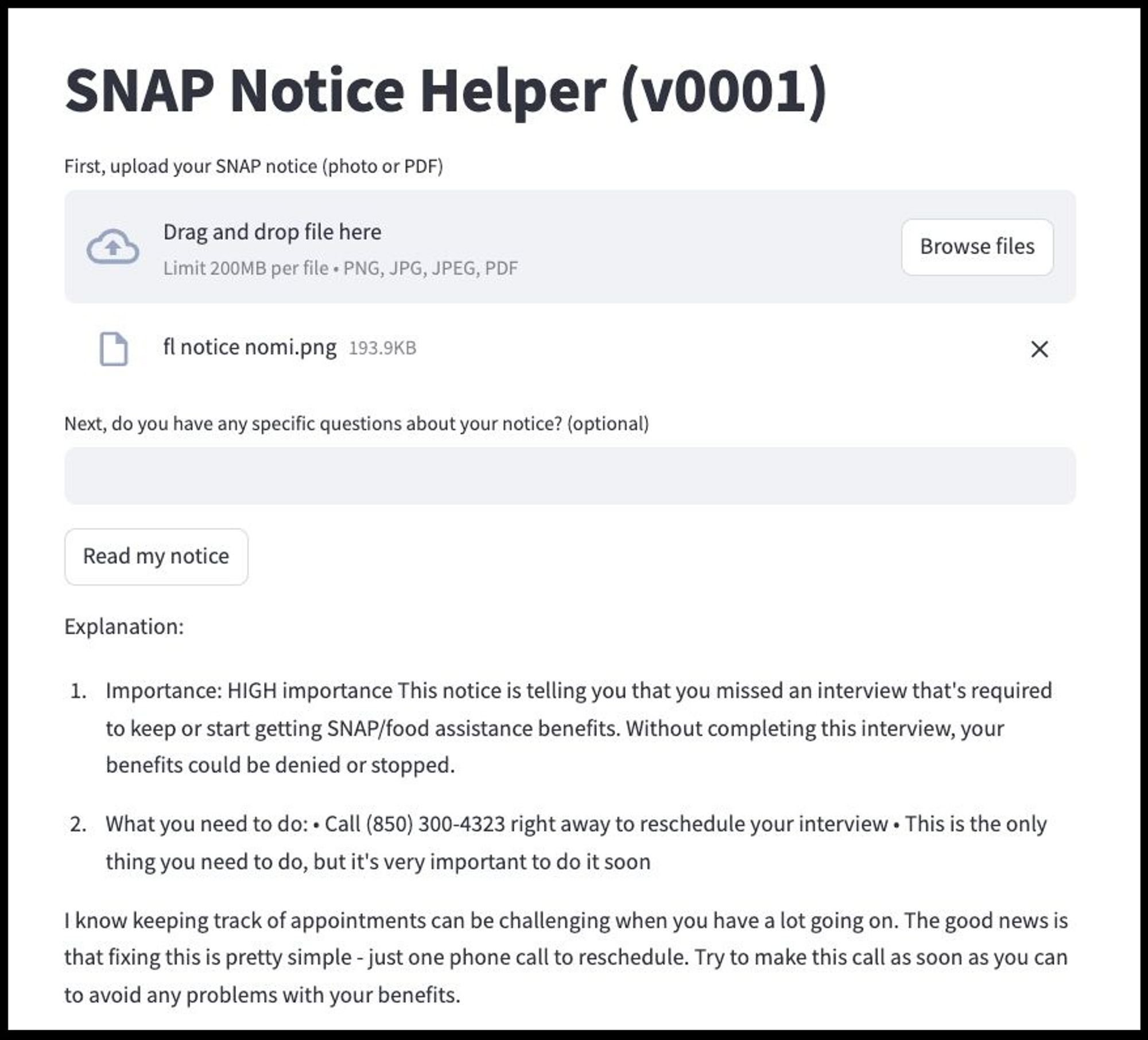 A screenshot of a SNAP Notice Helper tool 