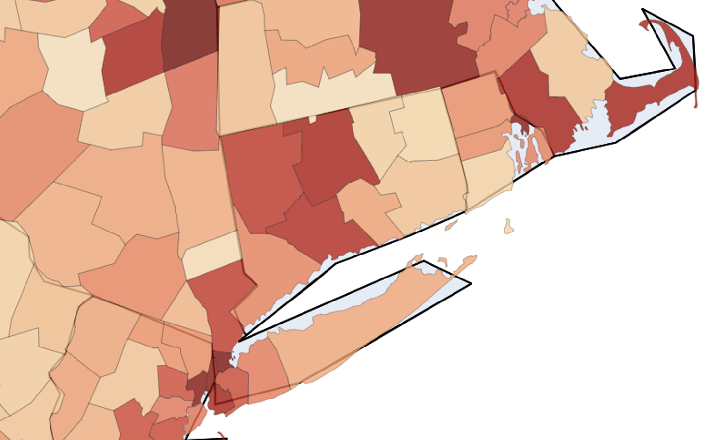 Choropleth map of Connecticut and its neighboring states showing the unrecognized transaction rate in each county, August 1 to September 8, 2026.