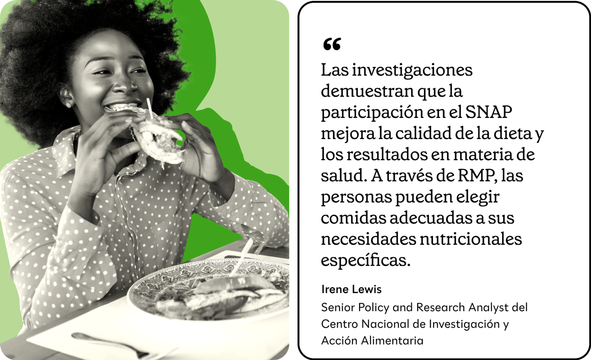 Una mujer comiendo en un restaurante junto a una cita de Irene Lewis