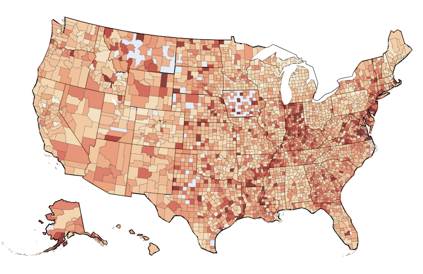 Choropleth map of the United States showing the fraction of transactions marked as unrecognized in each county, July 1 to August 8, 2026.