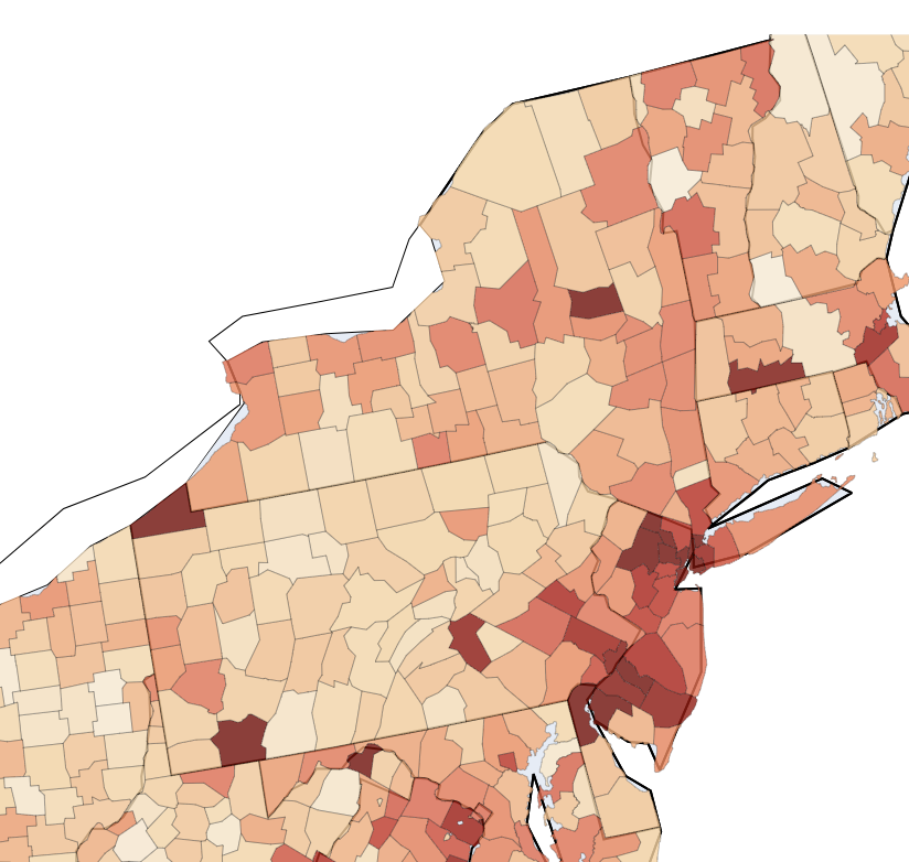 Choropleth map showing unrecognized EBT transaction rate by county in Delaware, New Jersey, New York, and Pennsylvania, May 1–June 7, 2026