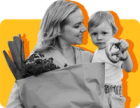 A mom shops for groceries with her toddler 