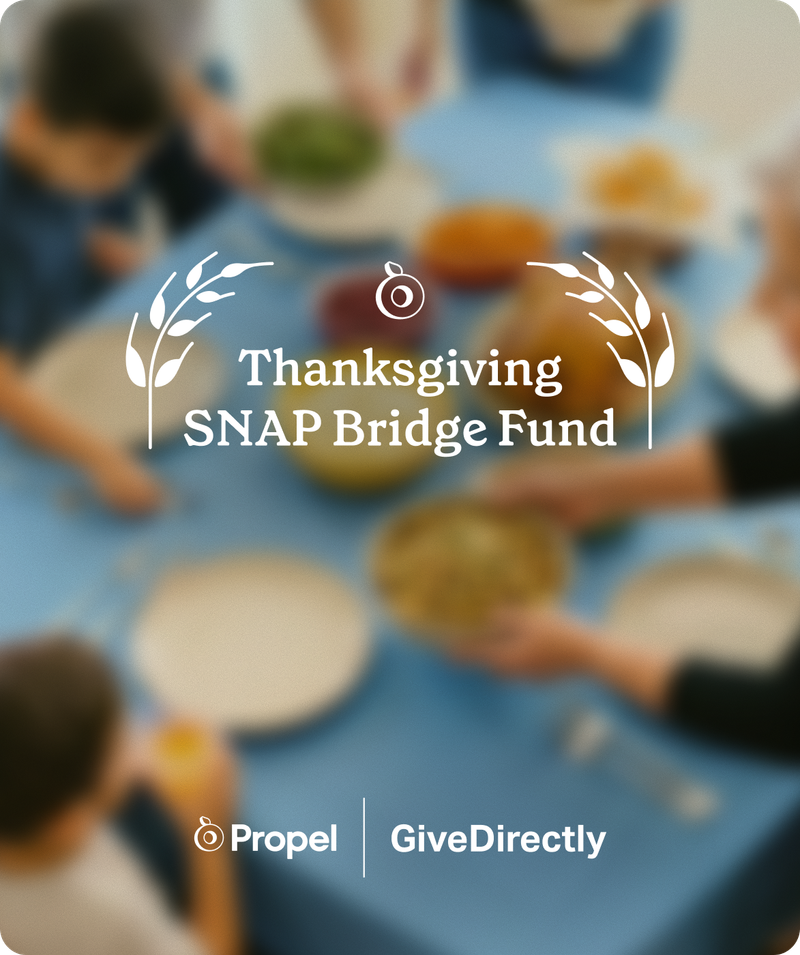 Thanksgiving SNAP Bridge Fund from Propel and GiveDirectly, over a blurred photo of a family sharing a Thanksgiving meal