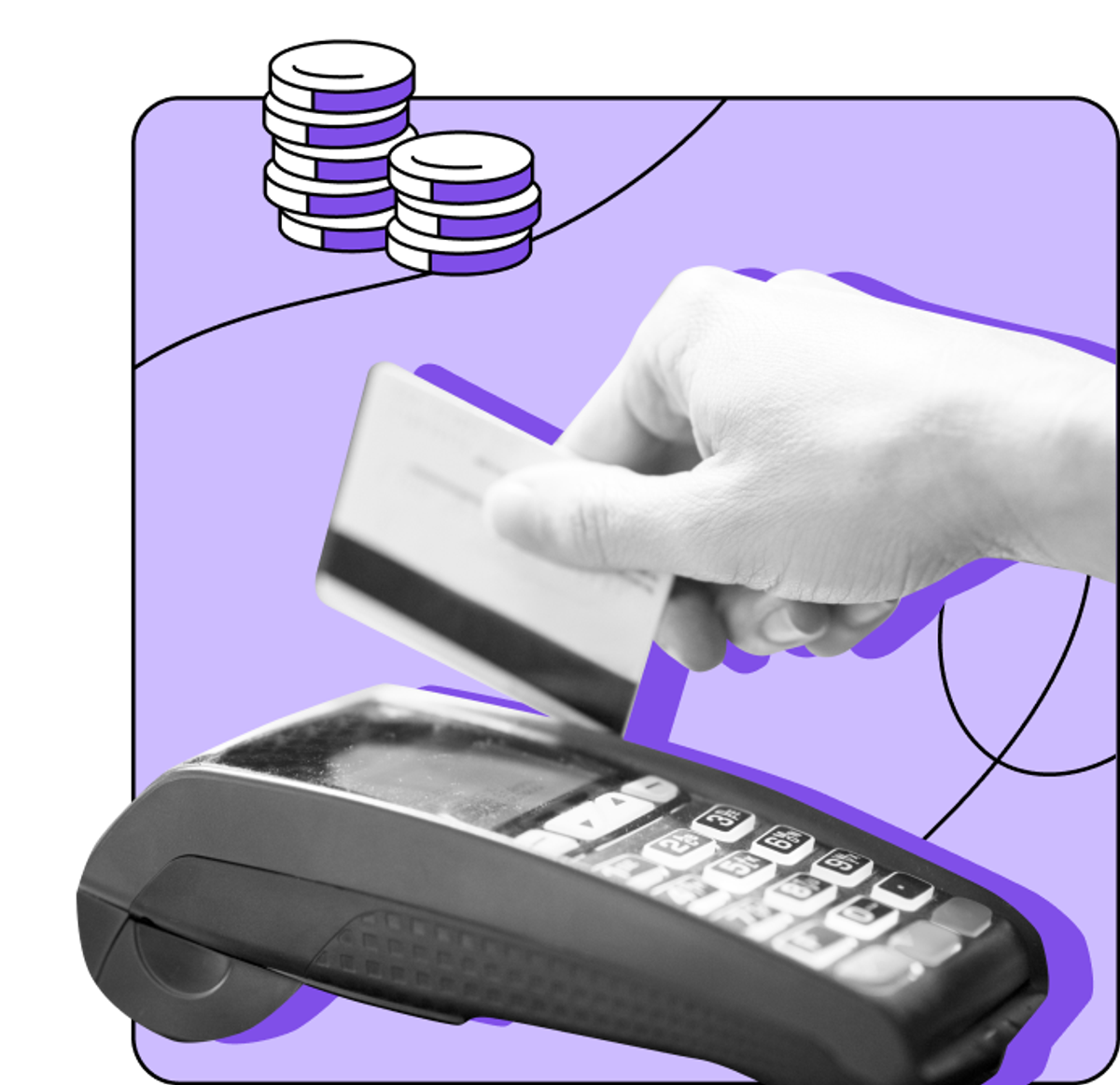 A hand swipes an EBT card against a purple background