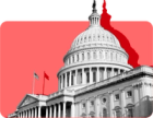 An image of the U.S. Capitol building against a red background. On July 3 Republican lawmakers passed legislation that will cut SNAP and Medicaid.