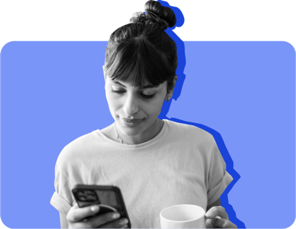 A woman checks her online SNAP portal on her phone while holding a mug against a blue background.