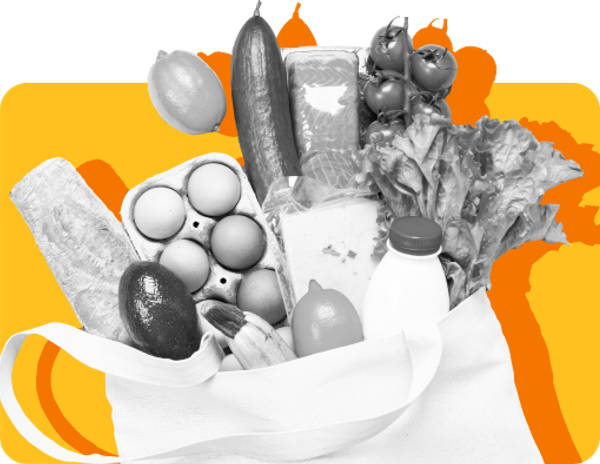 A grocery bag full of food items to show which foods are SNAP-eligible and which are not.