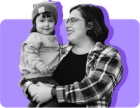 A woman holds her daughter on her hip against a purple background. Parents looking for free Halloween costumes this year have several options.