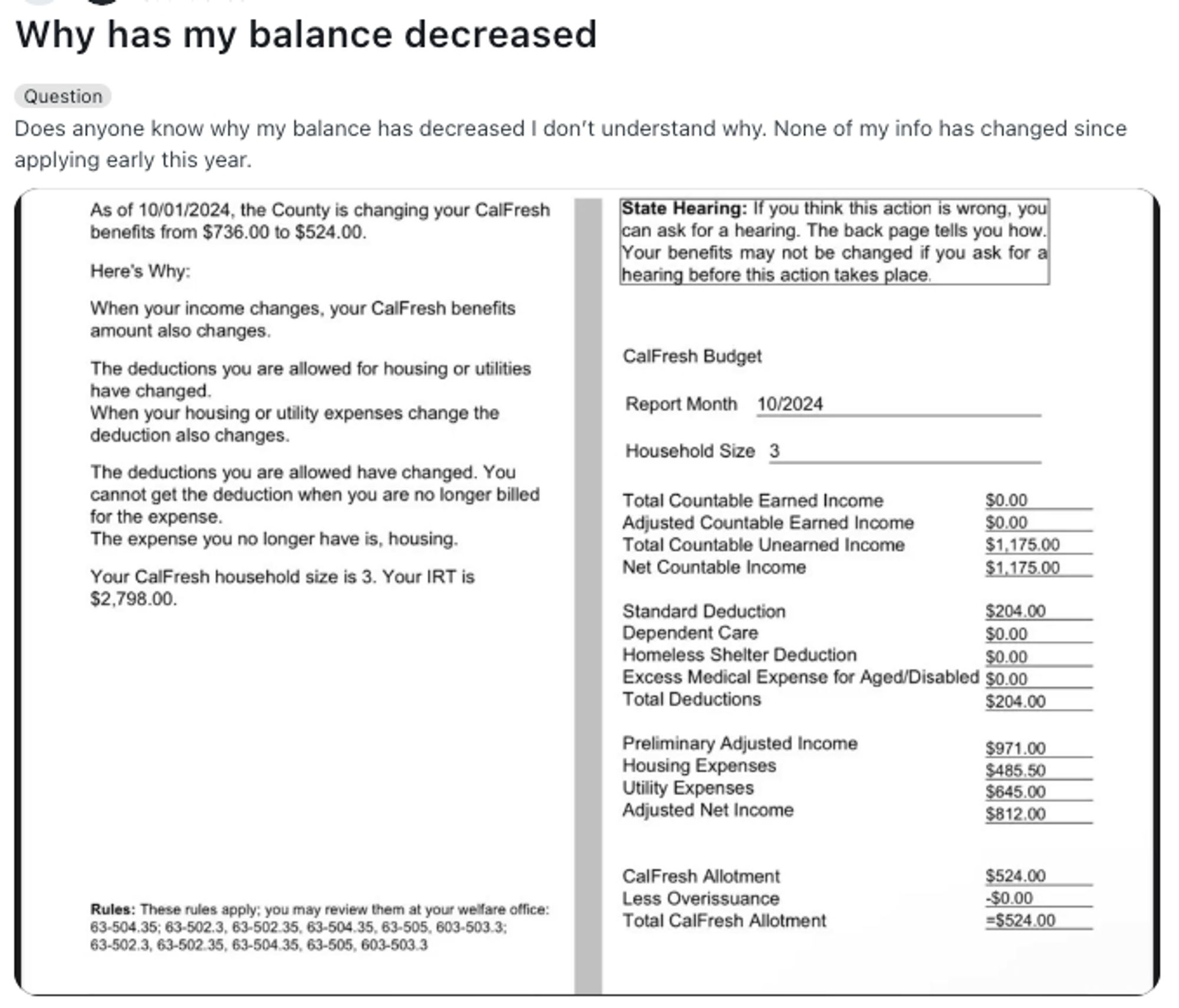 Reddit post saying Why has my balance decreased with a picture of a notice showing a reduced benefit amount and calculation