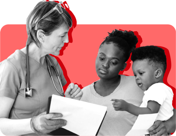 A woman and her child on Medicaid look at paperwork from a medical worker against a red background
