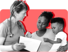 A woman and her child on Medicaid look at paperwork from a medical worker against a red background
