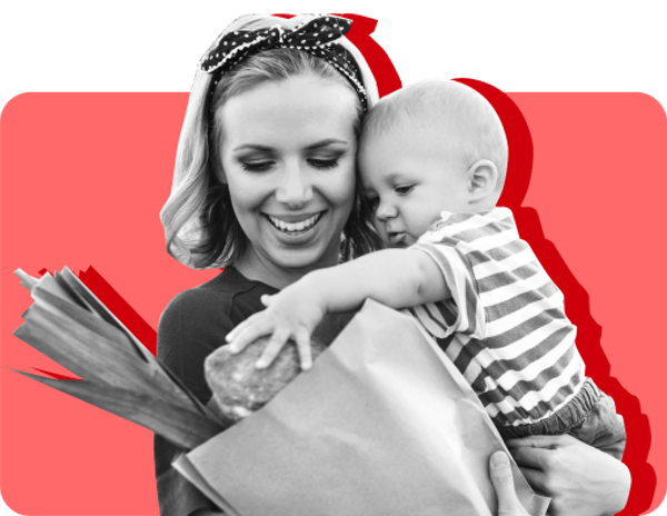 A mother holds baby while they shop for formula using SNAP benefits against a red background.