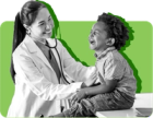 A doctor examines a young patient against a green background. 