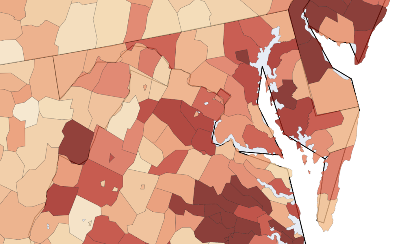 Choropleth map of Maryland showing the unrecognized transaction rate in each county, July 1 to August 8, 2026.