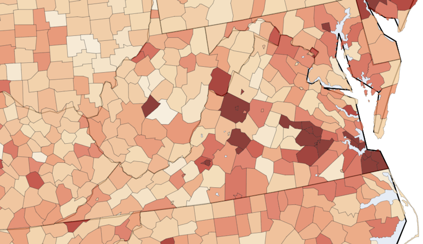 Choropleth map of Virginia and its neighboring states showing the unrecognized transaction rate in each county, August 1 to September 8, 2026.