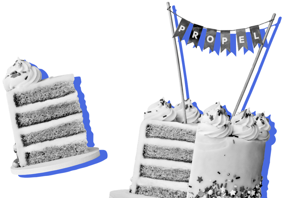 A cake and cake slice celebrating Propel.