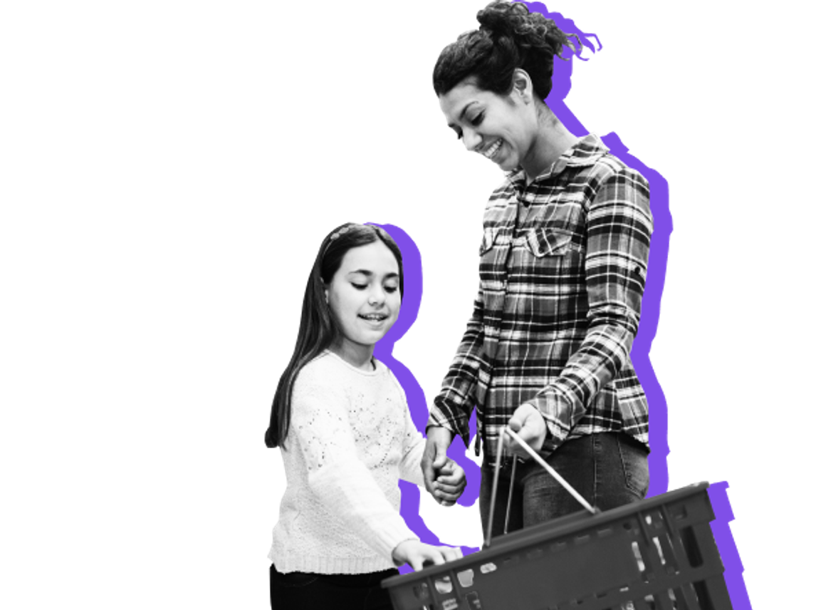 pre-teen girl with mother, holding a grocery shopping basket