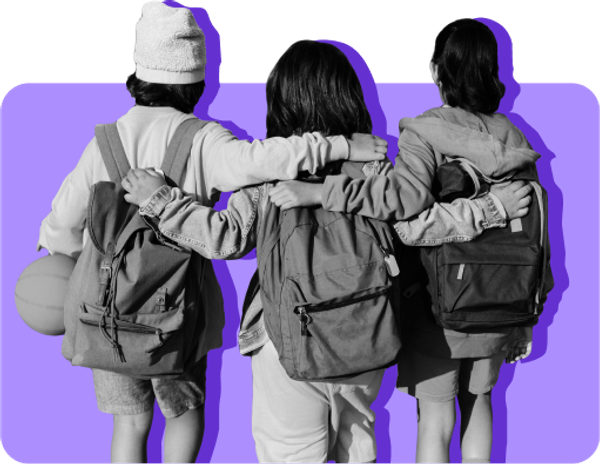 Three children wearing backpacks, with their arms around each other, with their backs to the camera