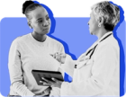 A doctor explains Medicaid changes to a patient against a blue background.