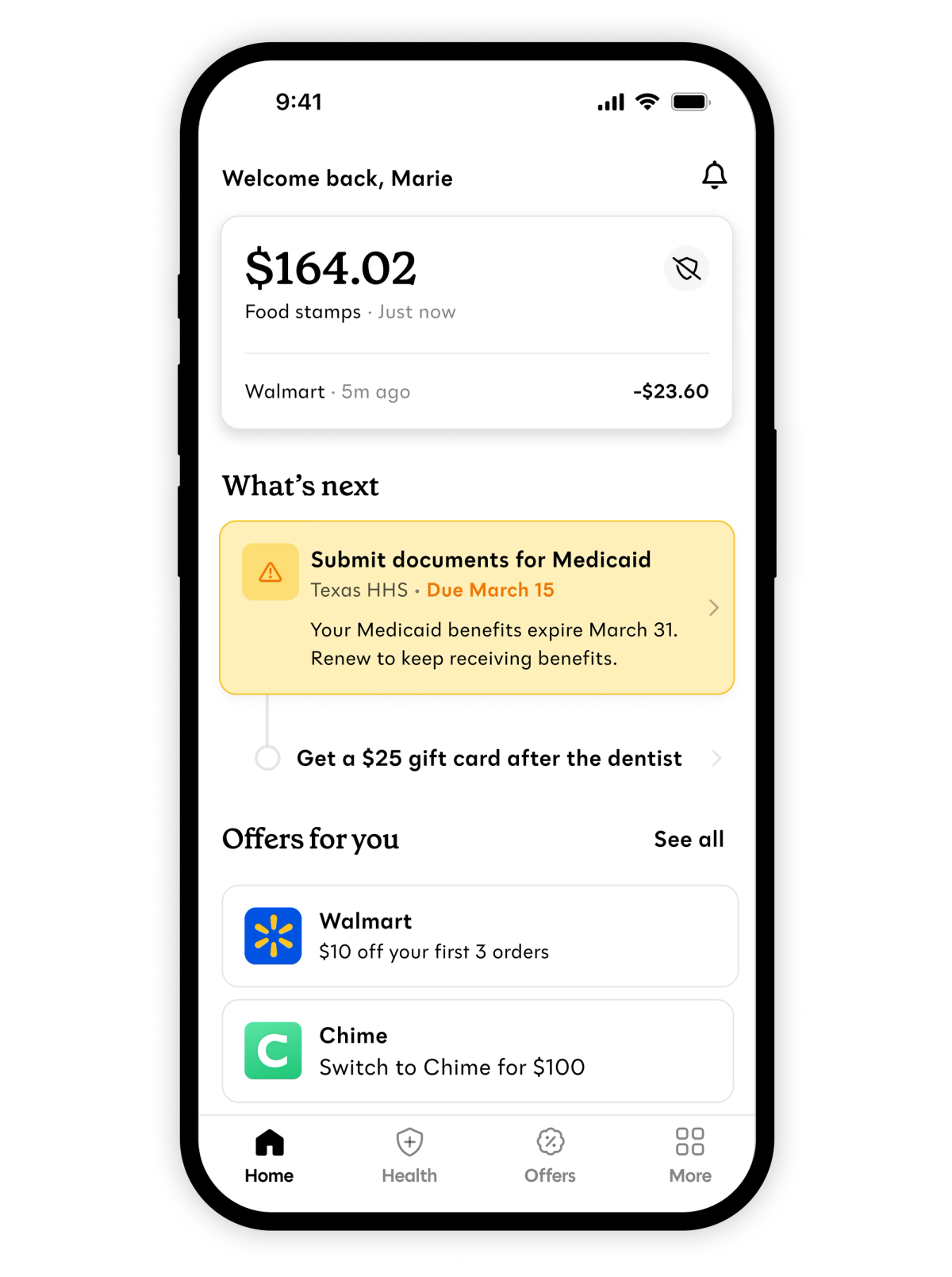 The home screen of the Propel app showing an EBT balance above a section for Medicaid, including a tile to check in with a quiz for personalizing care and a tile for earning rewards by completing an annual checkup.