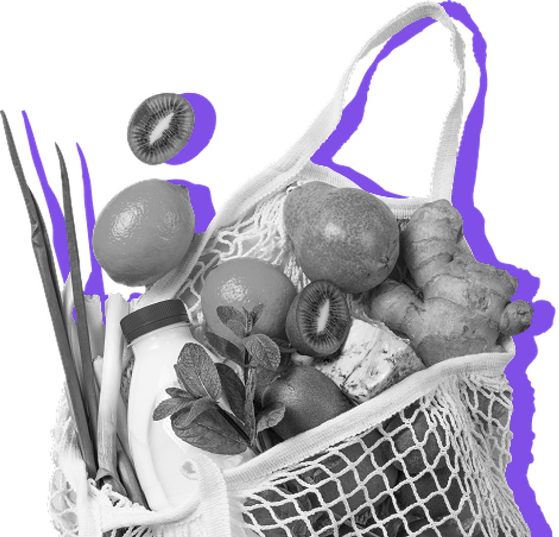 An image of a bag of groceries against a purple background.