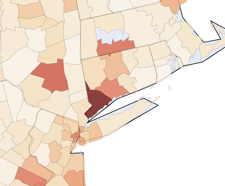 Choropleth map showing unrecognized EBT transaction rate by county in Connecticut, June 1–7, 2026