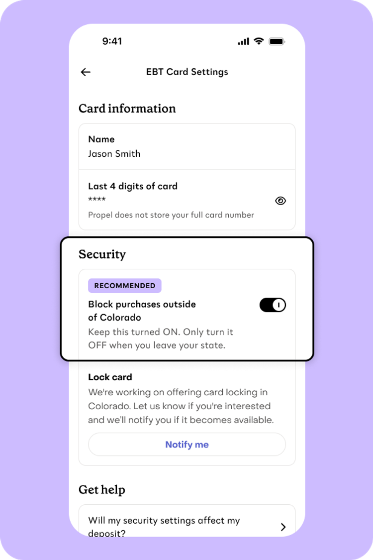 The Propel app with the EBT security feature for out-of-state transaction blocking turned on