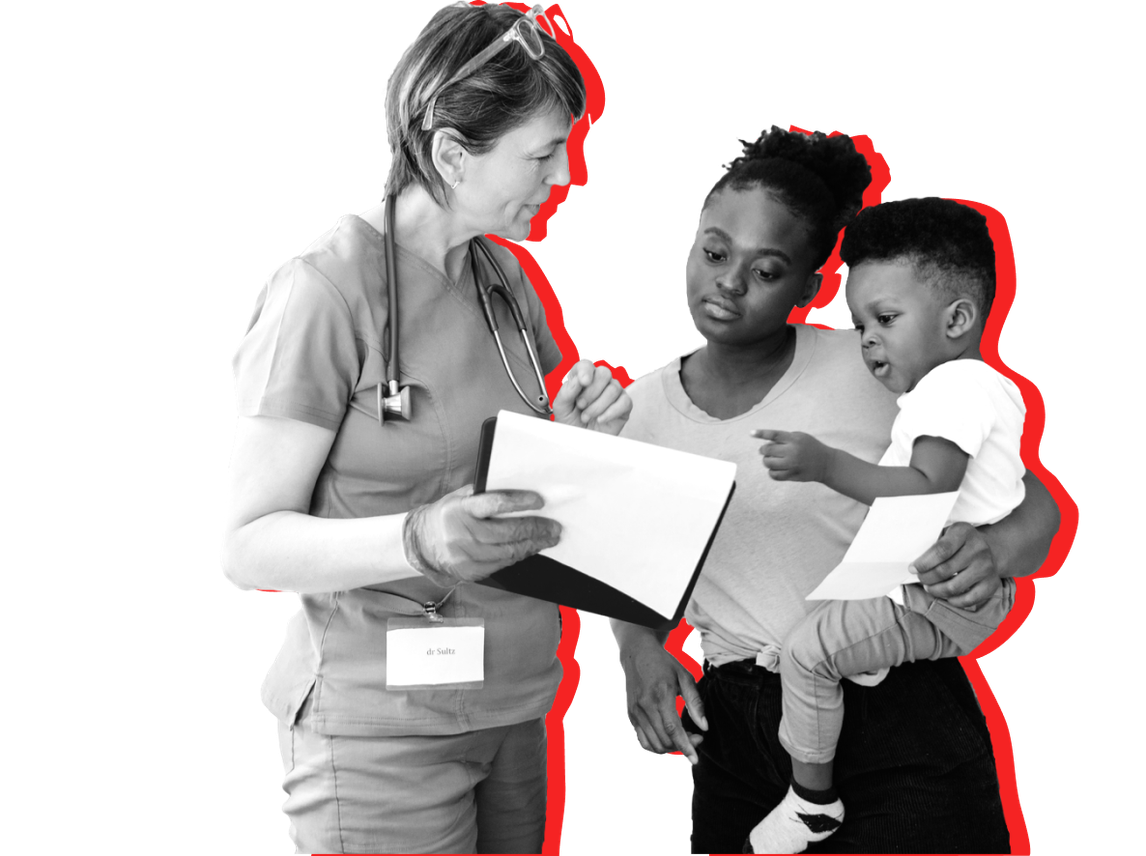 A woman and her child on Medicaid look at paperwork from a medical worker against a red background