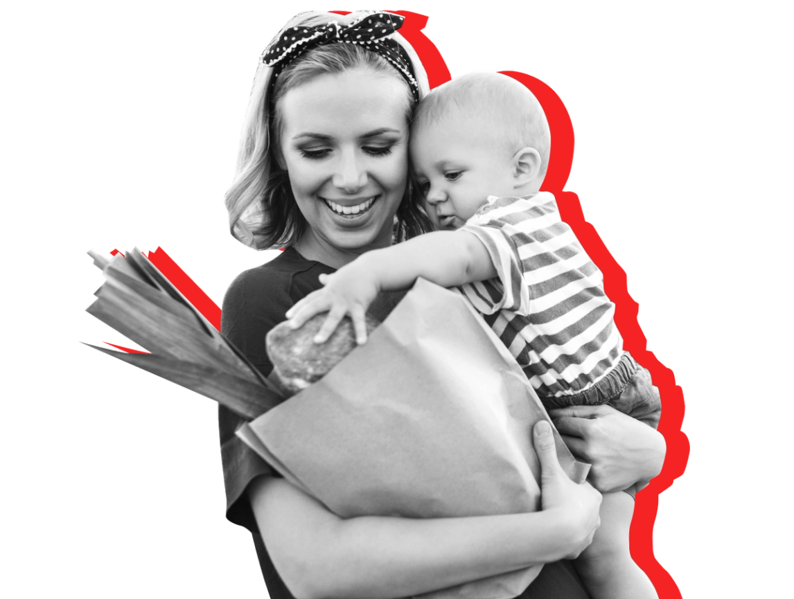 A mother holds baby while they shop for formula using SNAP benefits against a red background.