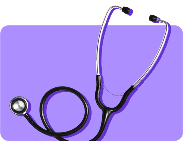 A stethoscope against a purple background. Applying for Medicaid can be done in three general steps.