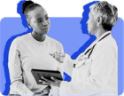 An emergency room doctor shows a patient on Medicaid some information on a tablet against a blue background.