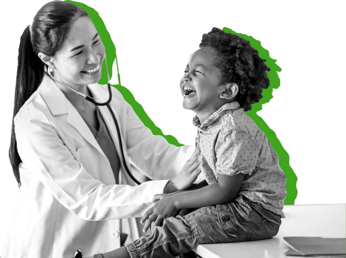 A doctor examines a young patient against a green background.