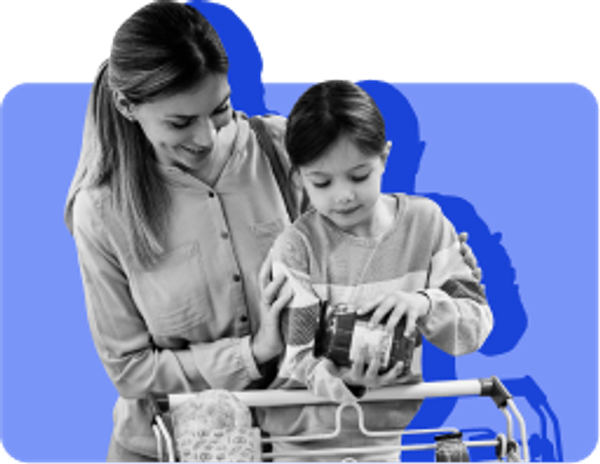 mother and daughter pushing grocery shopping cart