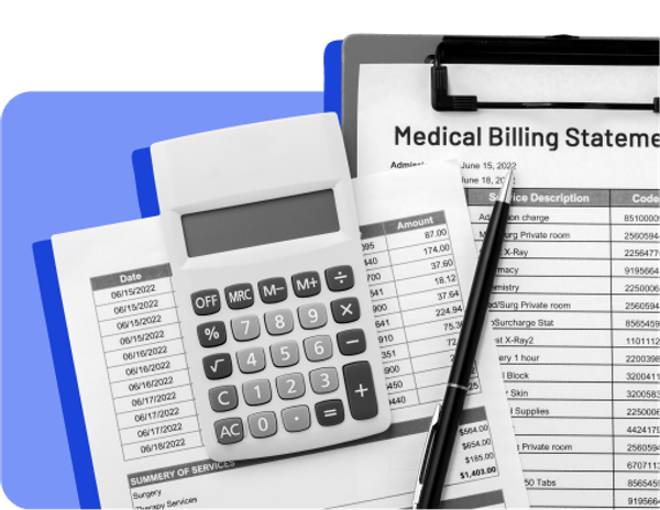 A calculator, a medical bill, and various medical related documents against a blue background.