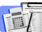 A calculator, a medical bill, and various medical related documents against a blue background.