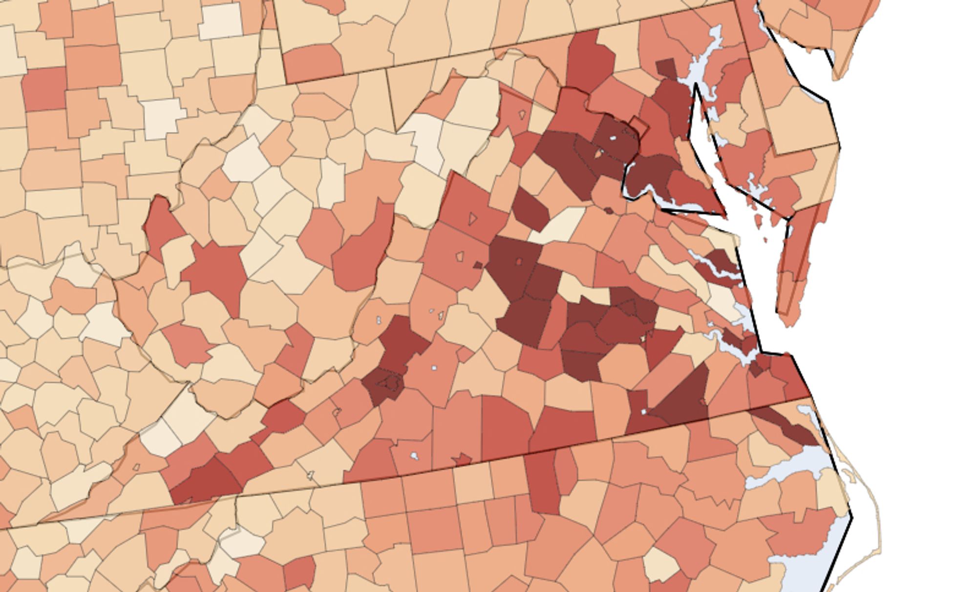 Map of unrecognized transaction rates by county in MD and VA
