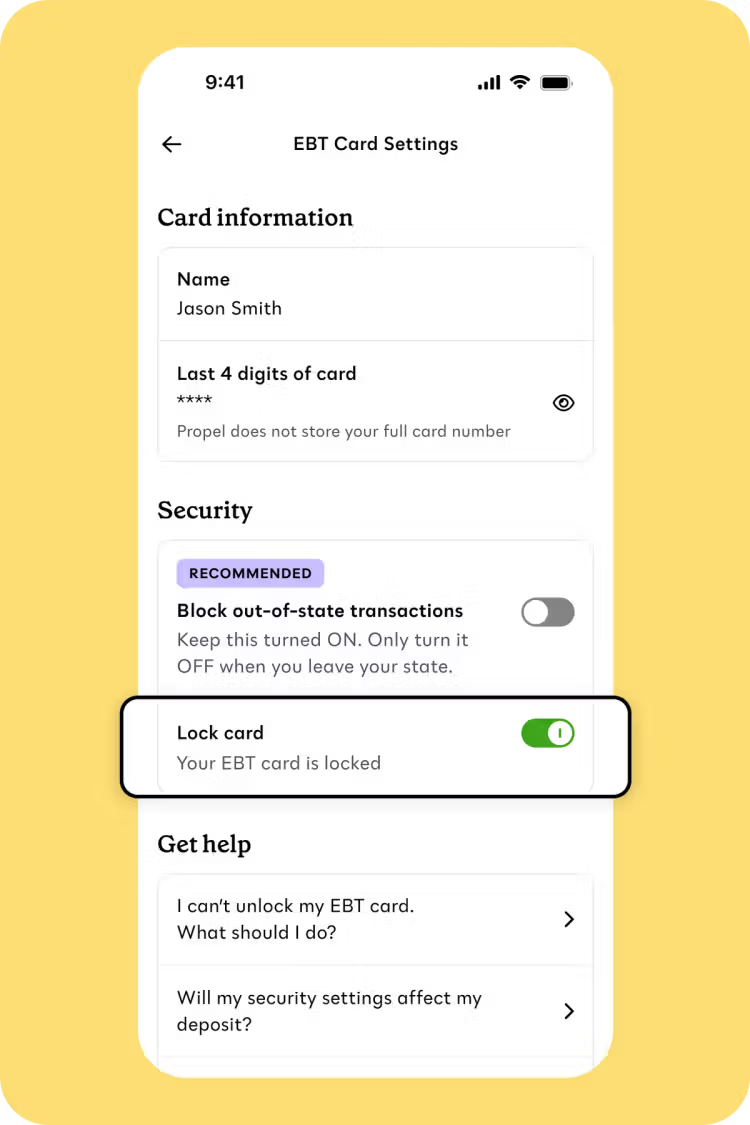The Propel app with the EBT security feature for card locking turned on