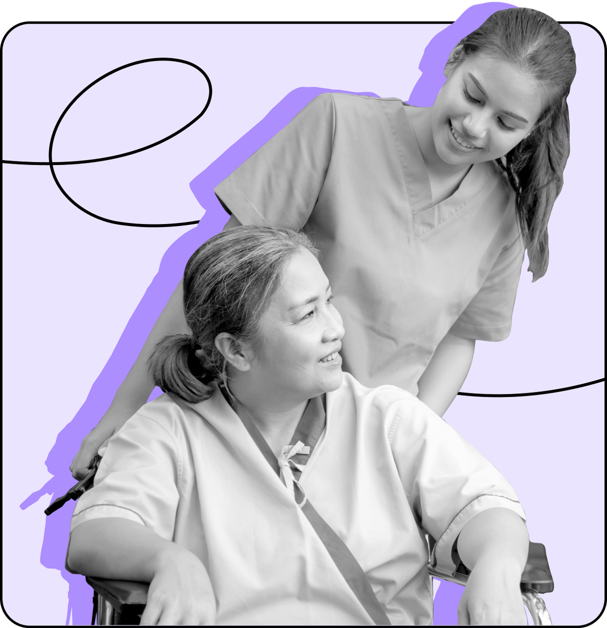 A nurse helping an older female in a wheelchair 